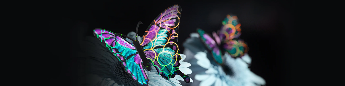 Key visual of a 3D printed colourful butterfly