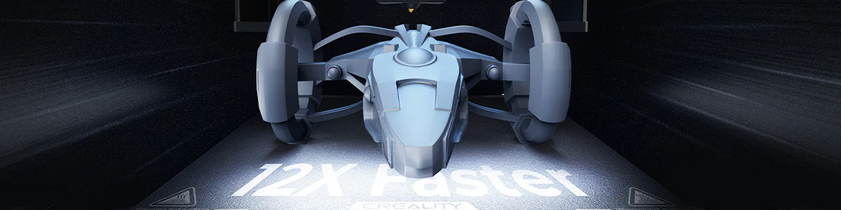 Key visual of a 3D printed futuristic racecar within the K1 Max 3D printer.