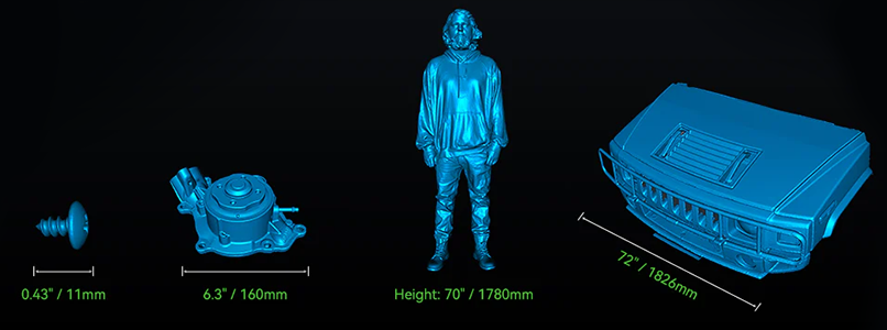 Multiple sized 3D models of vehicle parts and a human.