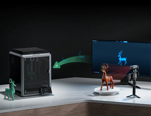 Deer figure sat next to identical scan in software with arrow pointing to 3d printer
