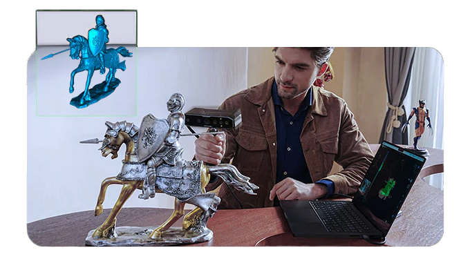 man next to laptop scanning medieval cavalry model