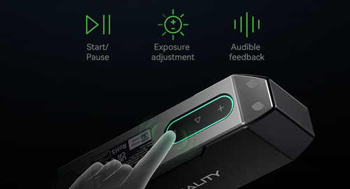 finger pressing ring indicator with pause, exposure and audio icons imposed above