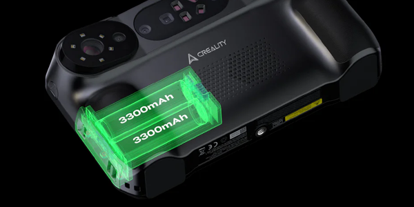 Rear angle of the Sermoon P1 3D scanner with battery illustration overlaying its position within the device.