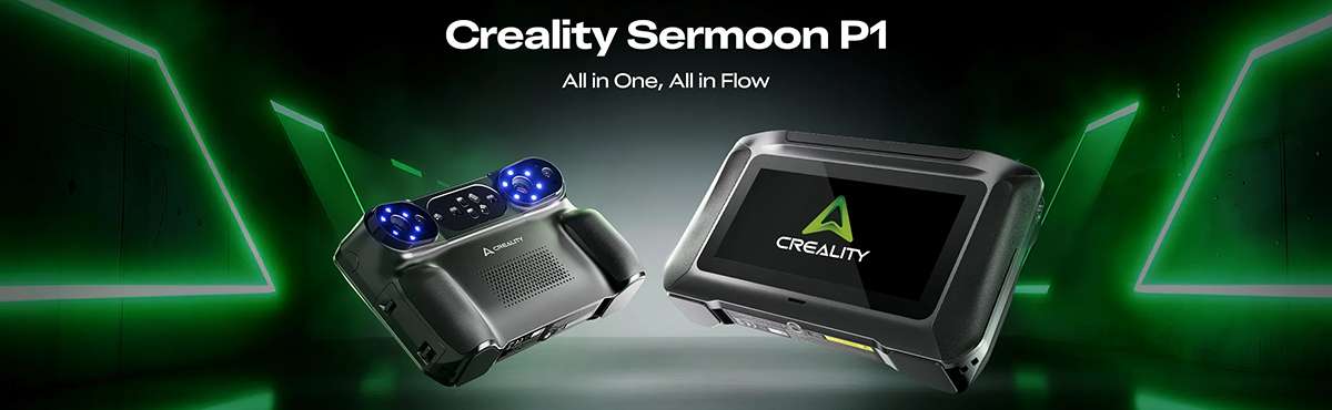 Front and rear key visual Sermoon P1 3D scanner with green neon perspective background.