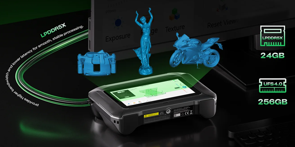 24GB memory and 256GB storage icons beside the Sermoon P1 3D scanner.