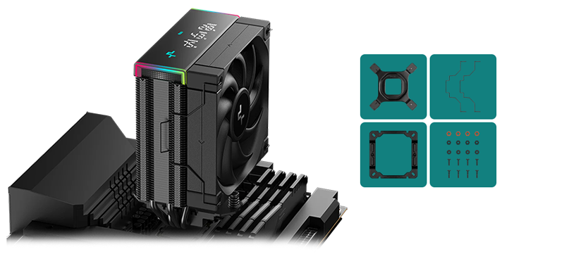 AK400 CPU cooler mounted atop a motherboard with included accessories illustrated next to it