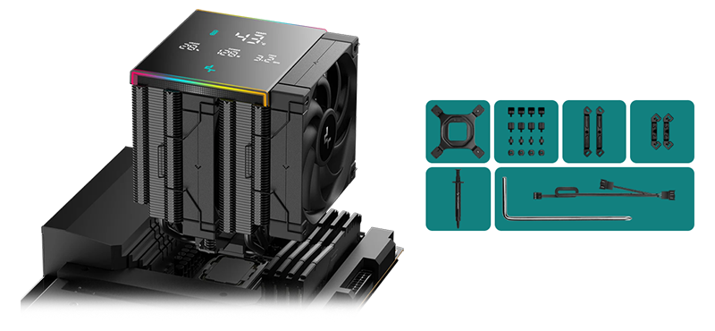 AK620 CPU cooler mounted atop a motherboard with included accessories illustrated next to it