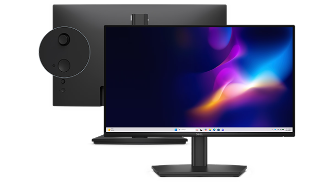 Back and front view of the monitor and a close up of the joystick