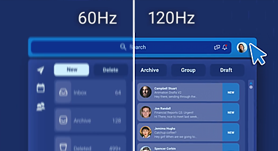 Email interface, one half with clear 120hz, other half with slightly blurry 60Hz.
