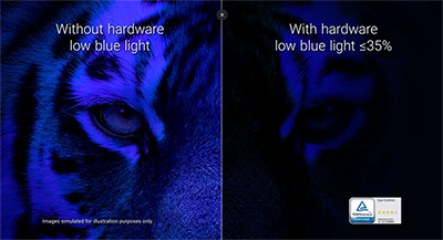 Lions face, one half with low blue light active, one half without.