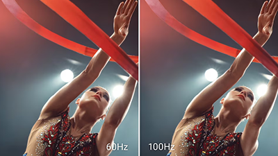 Split view of dancer, left image displaying a refresh rate of 60Hz against the 100hz right image to highlight smooth motion