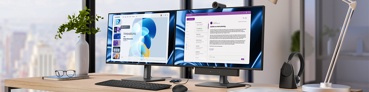 Two Dell Pro 27 Plus USB-C Hub monitors side by side on a desk.