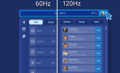 Email interface split between 120hz and 60hz to highlight smoother scrolling.
