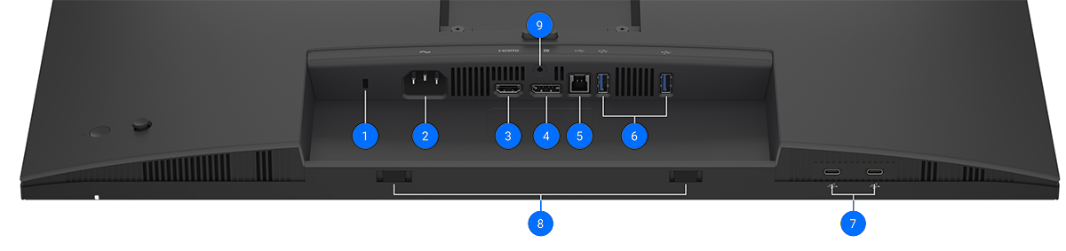 Rear IO ports with numbered bullets overlaid.