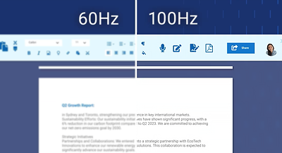 Comparison of 100hz against 60hz with a word document, one half blurred, one half sharp.