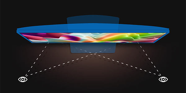 Top angle Dell Pro P monitor illustration with dotted viewing angle lines aiming at the screen from both sides.
