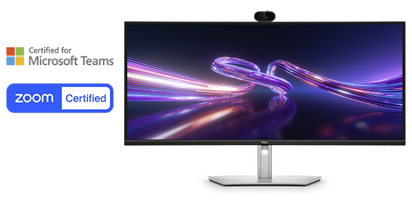 Dell Pro P monitor with Microsoft Teams and Zoom certification icons beside.