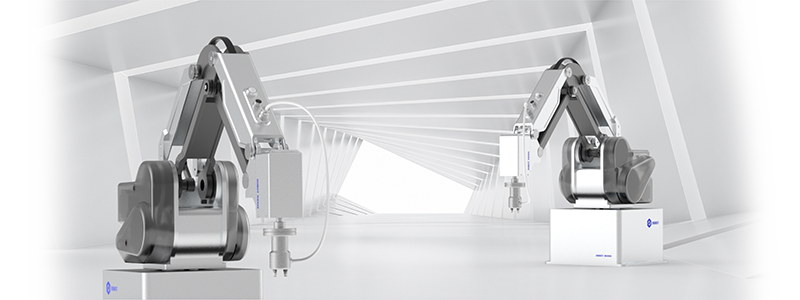 MG400 robot in twisted rectangle repeating white tunnel.