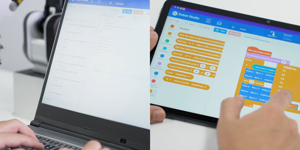 Split view of laptop and tablet, highlighting programming options.