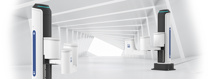 M1 Pro robot in twisting square white tunnel.