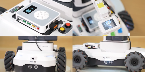 Four split screens of various hardware attached to the DOBOT Magician Go.