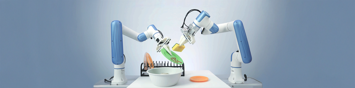 Two Dobot robotic arms demonstrating imitation learning, with one holding a sponge and the other holding a plate - both working together to clean a dish