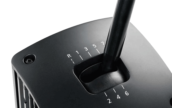 Angled top view of gear stick showing all 8 gears