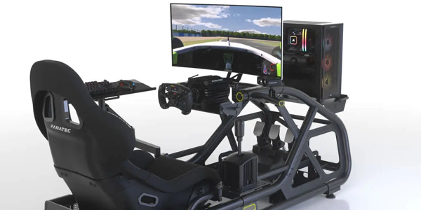 ClubSport GT Cockpit with seat, wheel, monitor and case attached.