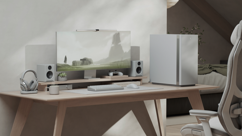 Side facing view of case on desk with minimal wooden beige coloured setup