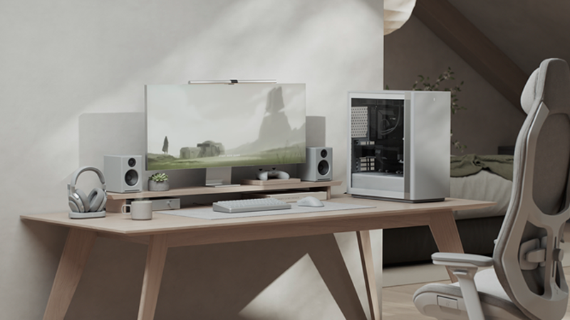 Side facing view of case on desk with minimal wooden beige coloured setup