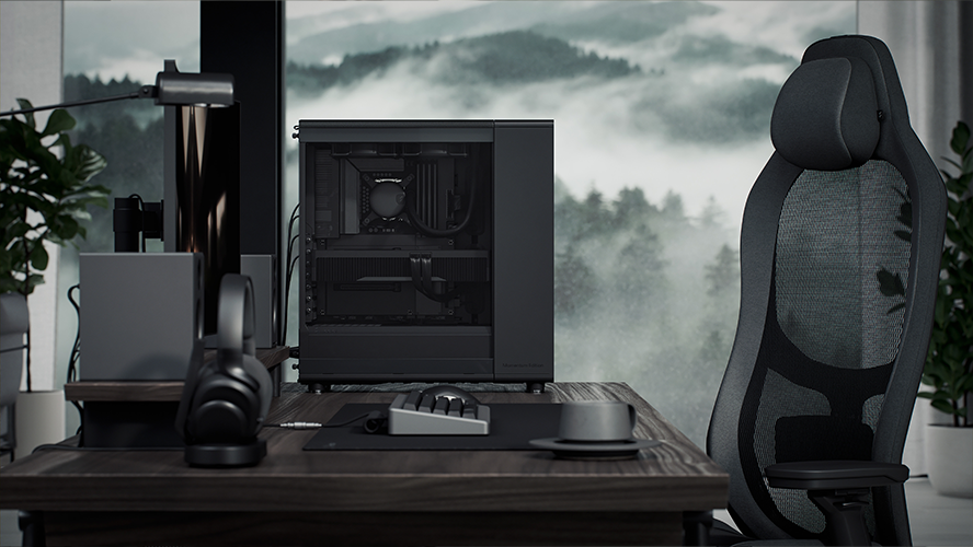 Side facing view of case on desk with minimal charcoal and walnut coloured setup