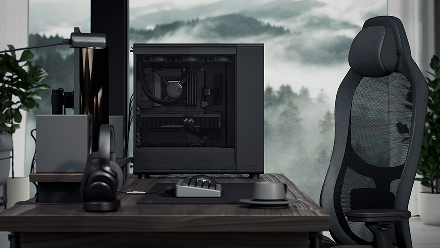 Side facing view of case on desk with minimal charcoal and walnut coloured setup