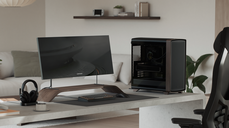 Side facing view of case on desk with minimal wooden beige coloured setup