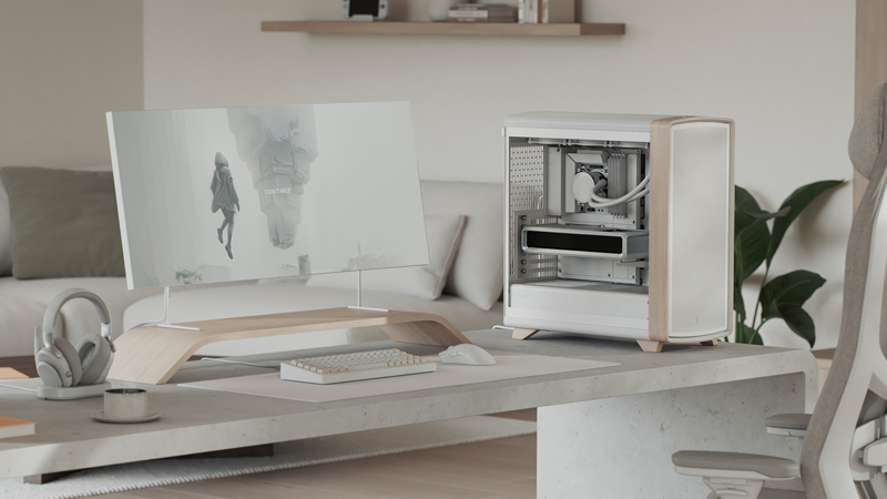 Side facing view of case on desk with minimal wooden beige coloured setup