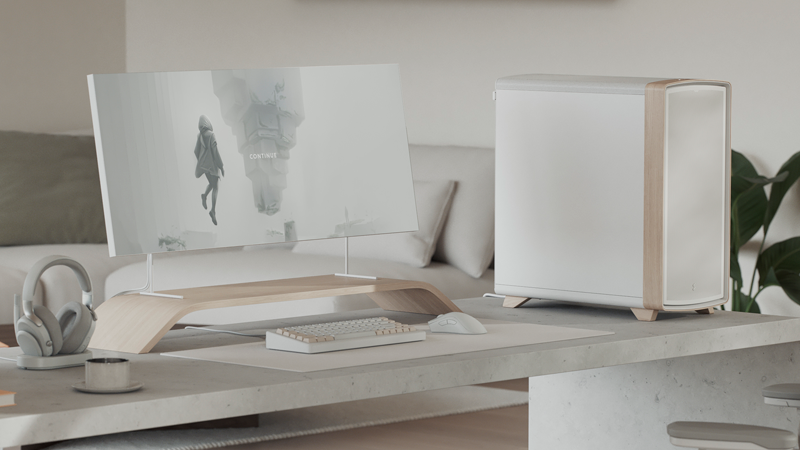 Side facing view of case on desk with minimal wooden beige coloured setup