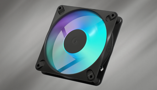 Black RGB Fan angled upwards with purple and blue