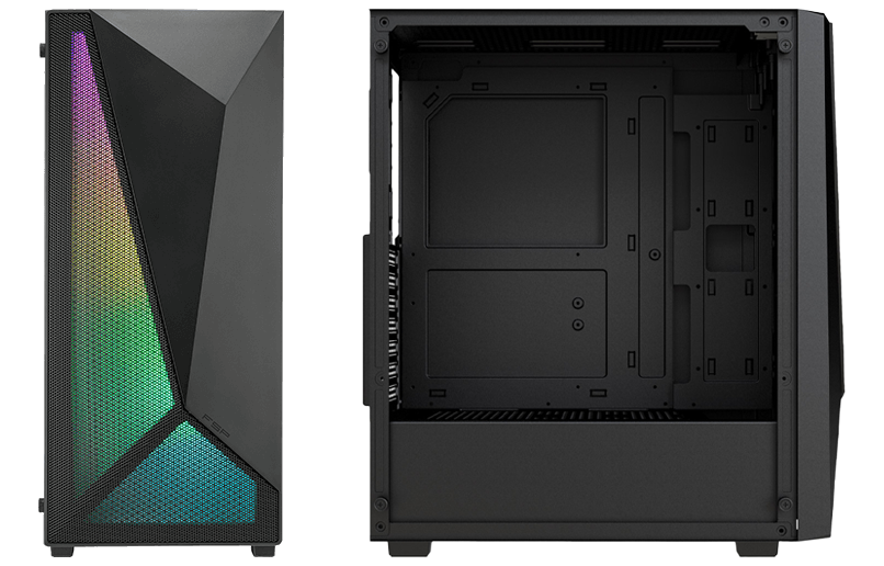 Side by side view of CMT195A ARGB Mid Tower Front and Exposed Main Side