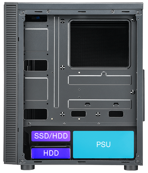 Exposed alt side of case revealing lower PSU chamber that has drive annotations