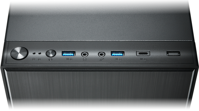 Above view of case edge showing I/O and power buttons