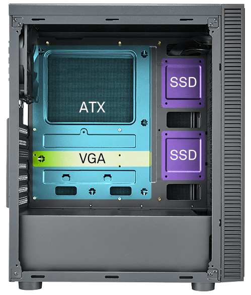 Exposed main side of case revealing motherboard, gpu and ssd availability