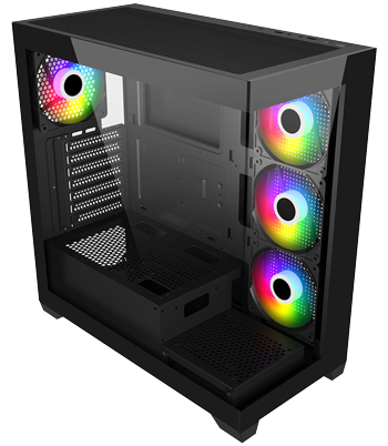 Angled front view of M340 ARGB Tempered Glass Mid Tower