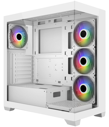 Angled front view of M340 ARGB Tempered Glass Mid Tower