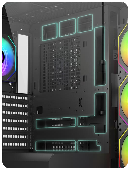 Image of main side mounting plate with cable threading holes circled to indicate BTF motherboard