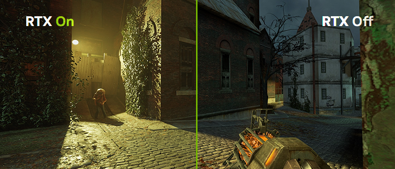 Image of half life 2 gameplay with half of the image displaying RTX on and other half with RTX off