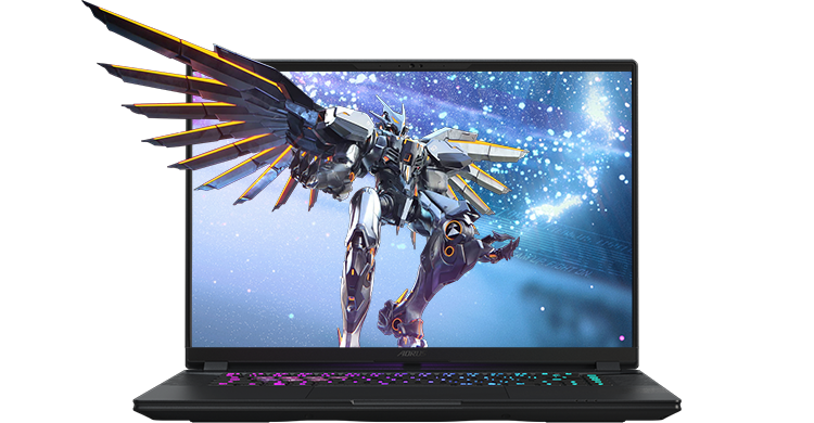 Image of laptop display with a character splashing out of the screen
