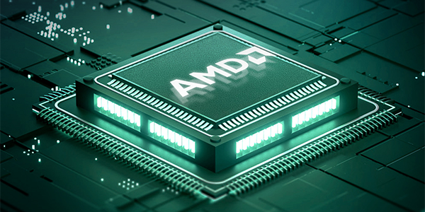 AMD CPU rendering with illuminated edges fixed on a circuit board.