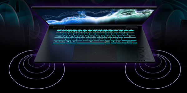 Front angle of semi closed laptop with radial audio waves pulsating from the bottom corners.