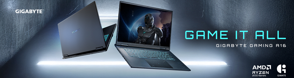 GIGABYTE GAMING A16 laptop key visual with front and rear angles of laptop floating in a concrate room.