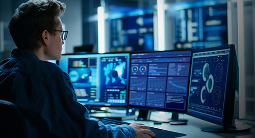 Working professional tackling workload on-screen with Gigabyte AI TOP ATOM sat on their desk