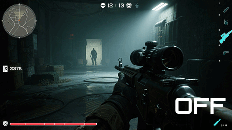 First person shooter game with anti-flicker switched off, revealing brightness flicker animation.